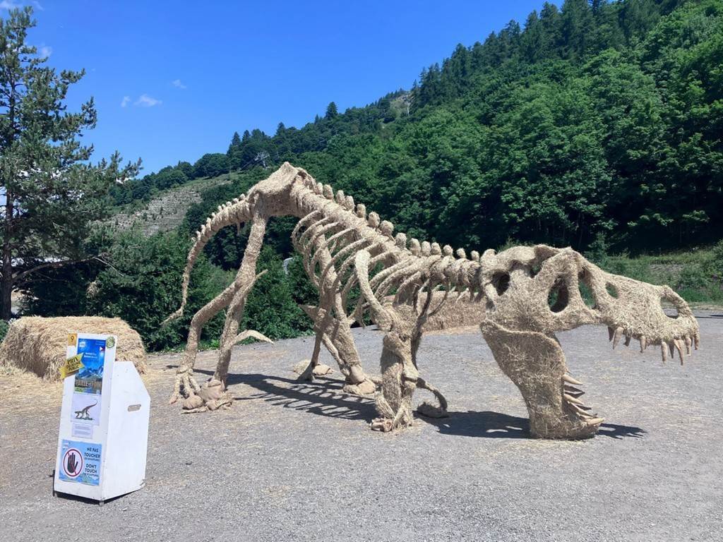 A dinosaur skeleton outside with trees in the background
Description automatically generated
